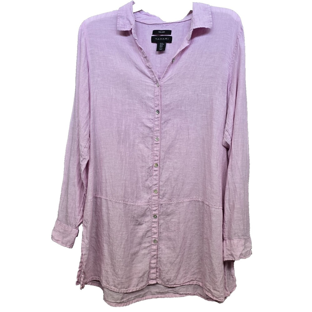 Tahari 100% Linen Button Down Tunic Top Pink Lightweight Roll-Tab Sleeves Medium
